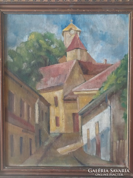 Antique marked oil on cardboard painting in its original frame, 55 x 46 cm