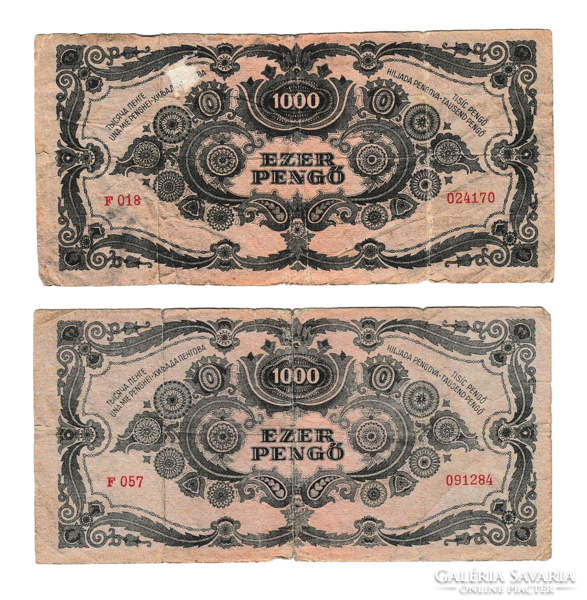 1945 - Ezer Pengő bankjegy - 2 db -  F 018 és F 057 -  piros dézsmabélyeggel