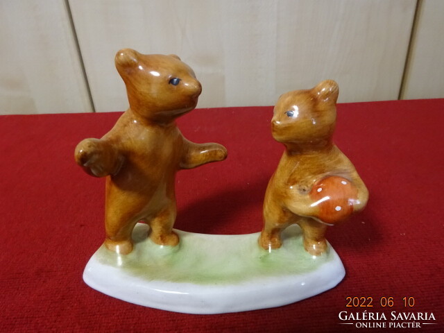 Bodrogkeresztúr glazed ceramic figure, pair of teddy bears playing a ball. He has! Jokai.