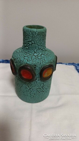 Judit Bártfay's turquoise vase with red decor, marked, signed, flawless