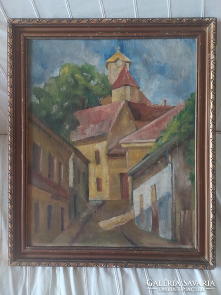 Antique marked oil on cardboard painting in its original frame, 55 x 46 cm