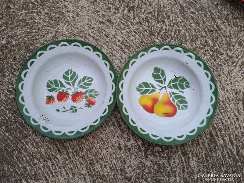 Ritka Budafoki zománcos epres és körtés tányér edény falusi paraszti dekoráció