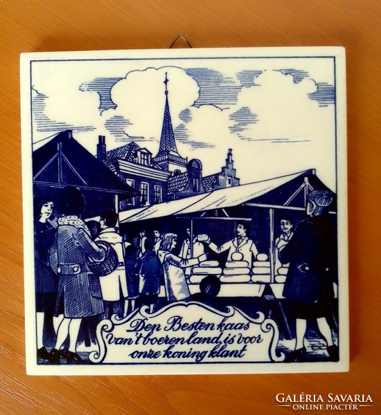 Kék-fehér holland-német kerámia fajansz díszcsempe piaci jelenet sajt vásár sátor életkép, hibátlan