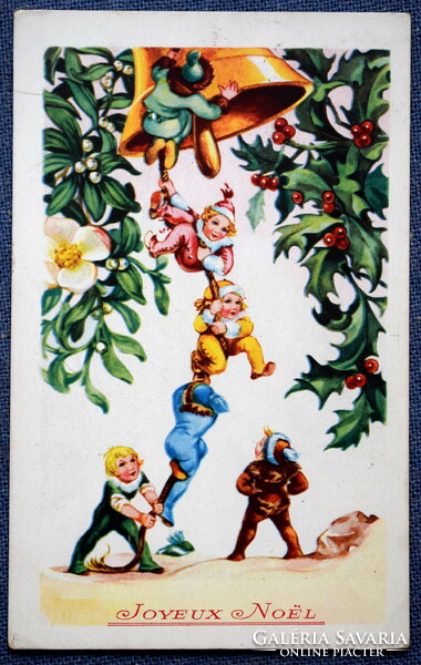 Art deco Karácsonyi üdvözlő grafikus képeslap manók csengő zsinórján kapaszkodva fegyöngy magyal