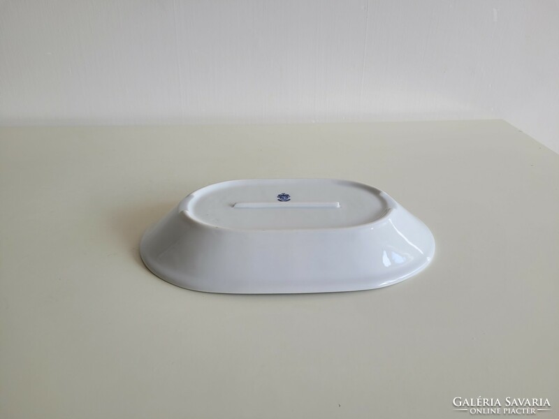 Old retro plain porcelain oval bowl 2 blue stripes 25 cm
