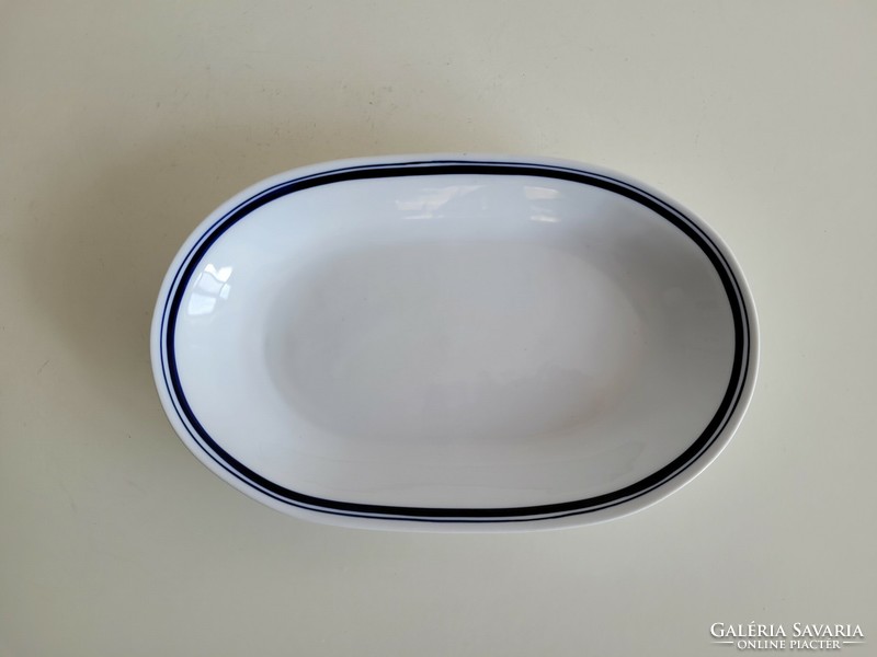 Old retro plain porcelain oval bowl 2 blue stripes 25 cm