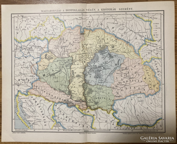 "Magyarország a honfoglalás végén, a krónikák szerént" térkép melléklet a Pallas lexikonból
