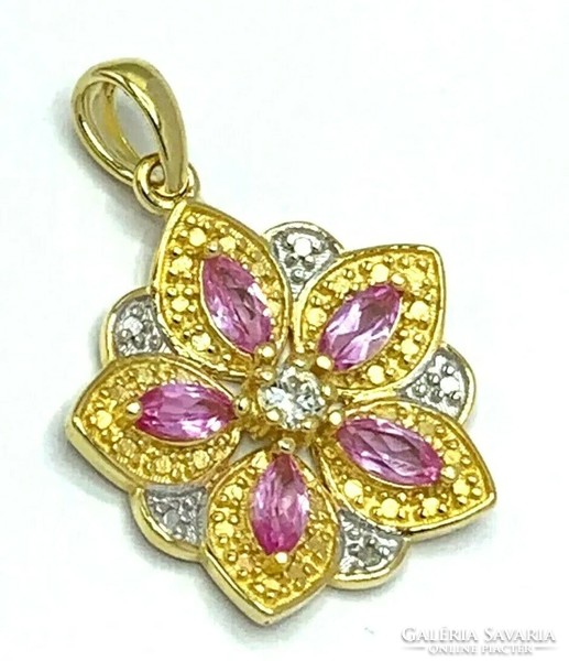 Wonderful rose topaz, diamond gemstone silver pendant, 14k gold plated, marked 925