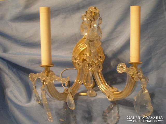 N8 Mária Theresia style antique gilded double wall arm with original wooden sockets + lead crystal pendants