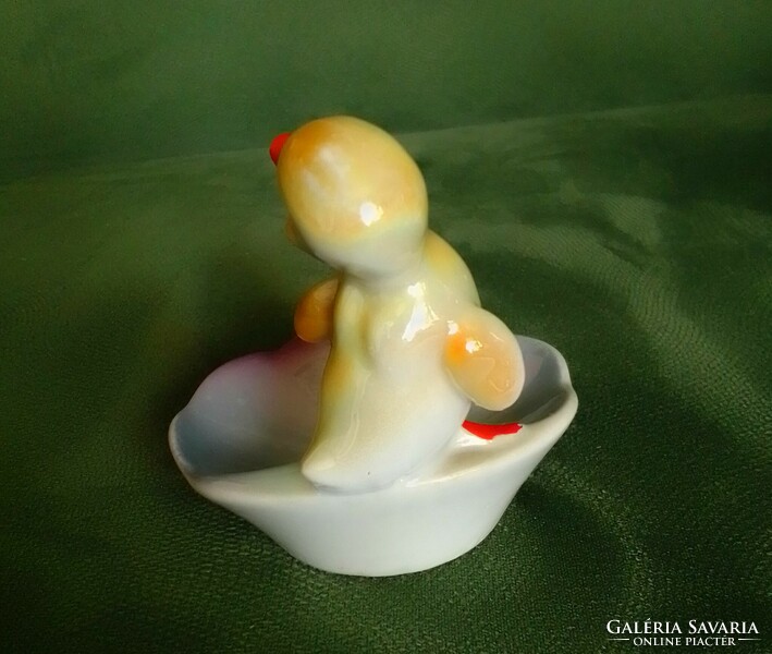 Antique old porcelain duckling leaf bowl ring holder lovely cheerful nipp display case marked foreign