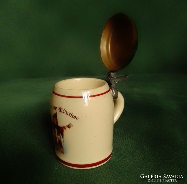 Antique old German copper lidded mini ceramic beer mug cup monk chutney friend Munich 5.8cm 1900