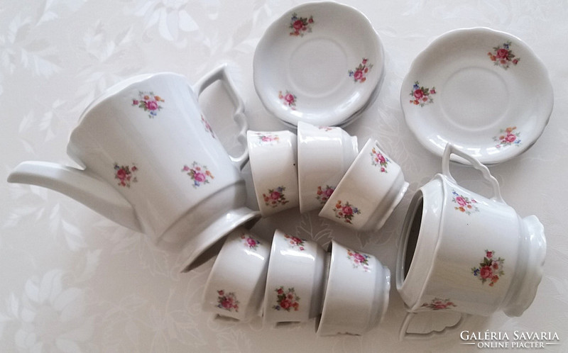 Régi Zsolnay porcelán rózsás kávés készlet csésze kiöntő cukortartó 14 db