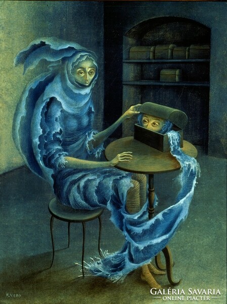 Remedios Varo Találkozások reprint nyomat, álomvilág fantázia mese kék ruhás nő titok doboz ládika
