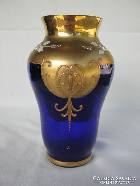 Retro ... Bohemia virágokkal díszített kék üveg váza 20 cm