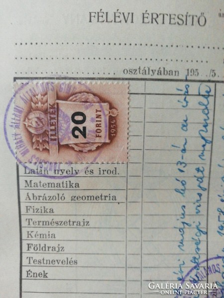 Study notice with Rákosi coat of arms with several types of tax stamps inside