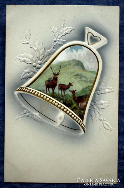 Antik dombornyomott Karácsonyi  üdvözlő litho képeslap csengőben téli táj szarvasok