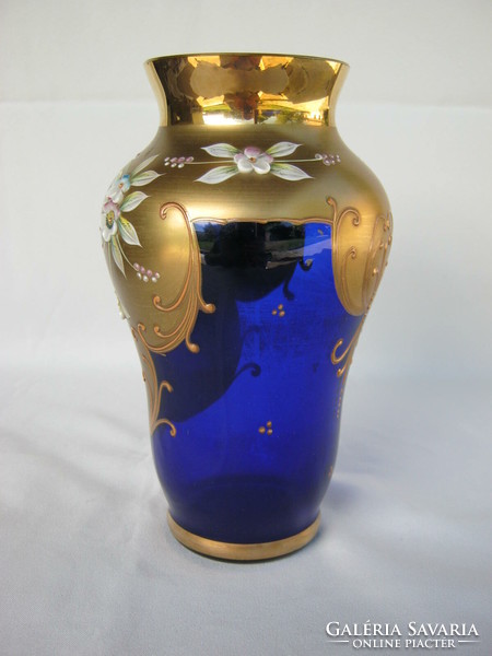 Retro ... Bohemian blue glass vase decorated with flowers 20 cm