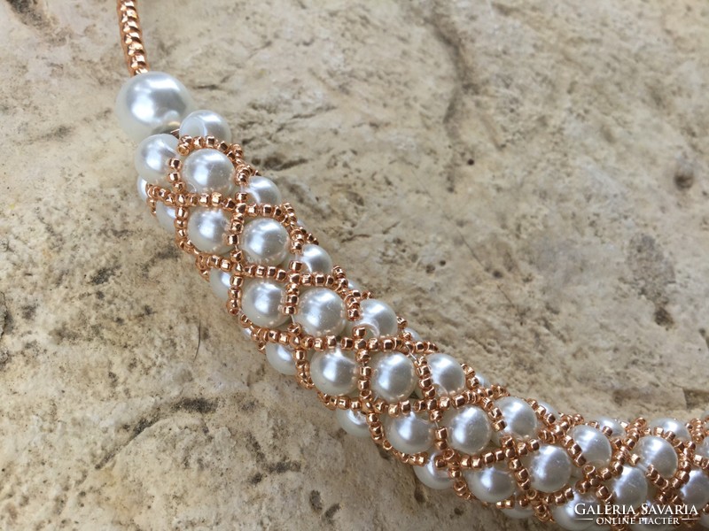 Unique handmade gift: extravagant white teal and rose gold pearl necklaces