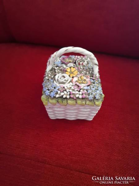 Unique, handmade, antique, covered-basket-shaped porcelain jewelry holder, box
