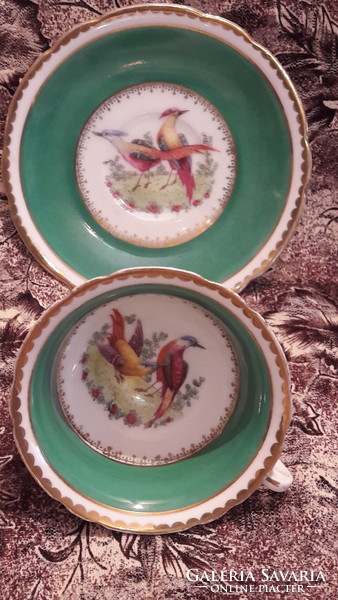 Antik madaras porcelán teás csésze tányérral (L3075)