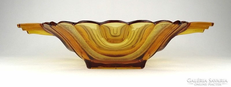 1L162 Mid century borostyánsárga üveg asztalközép kínáló tál 42 cm