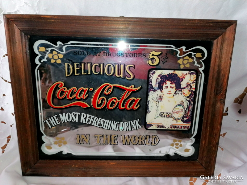 Régi Coca Cola reklám dísztükörkép fa keretben