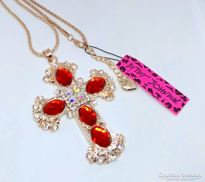 Betsey Johnson Red Crystal Cross Sweater Necklace