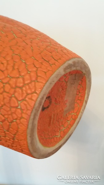 Retro régi kerámia narancsszínű nagy váza 32 cm repesztett mázas zsugormázas