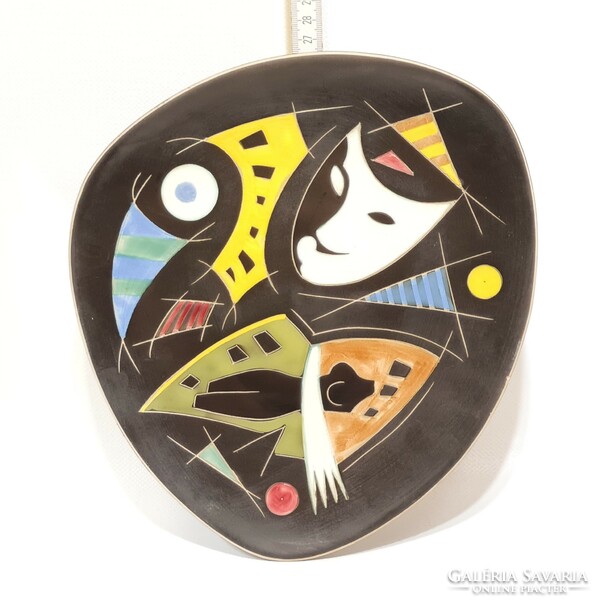 German, colorful carnival pattern, black glazed ceramic wall plate (2411)