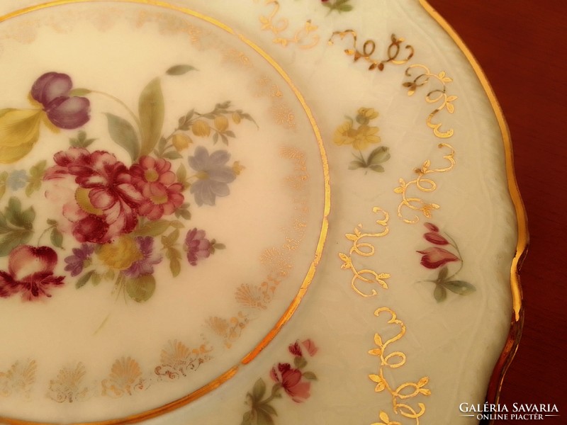 Szép régi Bavaria jelzett német mázas porcelán dísztányér, aranyozott szegély virágminta írisz