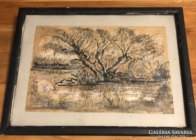 Charcoal drawing: tree in the swamp, 32.5*42.5 cm