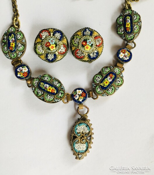 Antique millefiori mosaic necklace and earrings - clip
