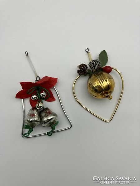 Régi üveg karácsonyfadísz ezüst szív és harang/csengő alakú üvegdísz