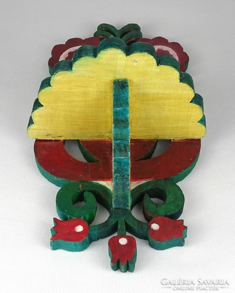 1L209 antique folk tricolor heart motif wooden carving wall shelf