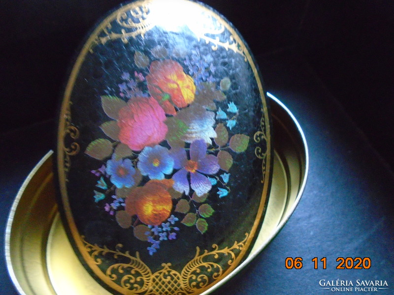 Victorian flower bouquet with painting, gold lace patterns, English oval metal candy box