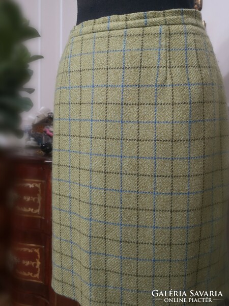 Bianca 40 100% wool pistachio green pencil skirt, cobalt blue-brown grid