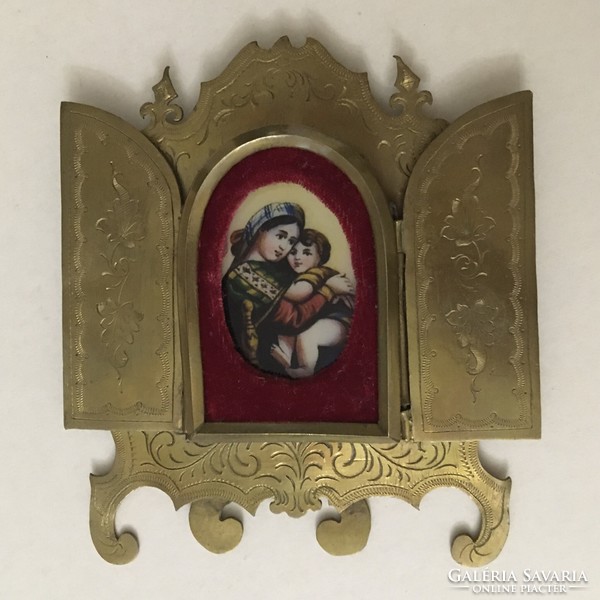 Antik Kis Szárnyasoltár Madonna Istenanya a Gyermek Jézussal