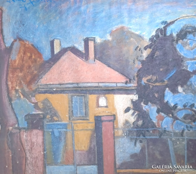 Angyalföldi Szabó Zoltán: Utcakép sárga házzal (pasztell, 87x77 cm) aukcionált kép