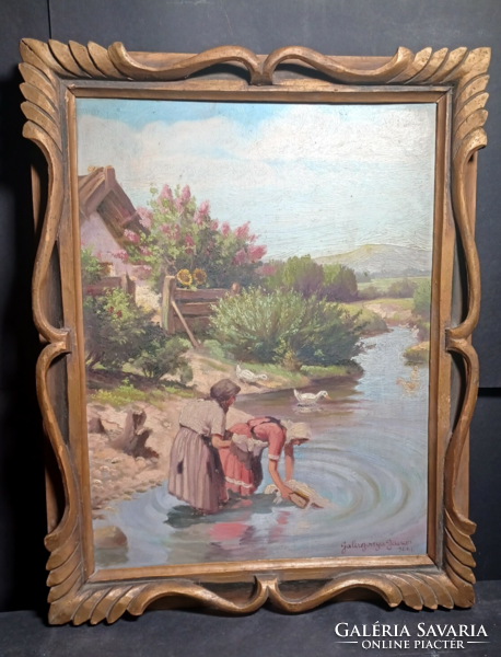János Hagolanya: washerwomen - oil painting in a Transylvanian carved frame, beautiful!