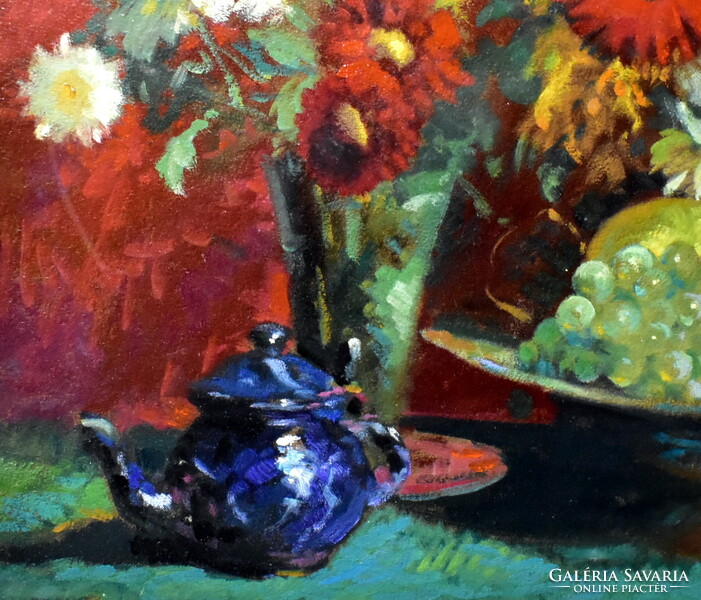 István Z. Soós (1900 - 2002) flowers with fruits in a blue enamel jug