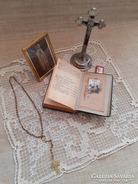 Antique nun's legacy hymn book metal table cross copper rosary in copper metal garden Virgin Mary picture