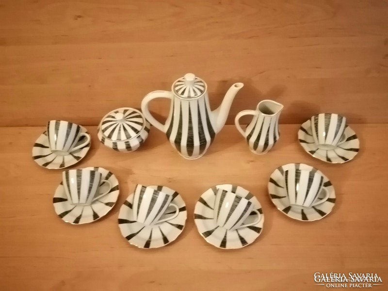 Extrém ritka Art deco jelzett porcelán fehér fekete csíkos kávés készlet