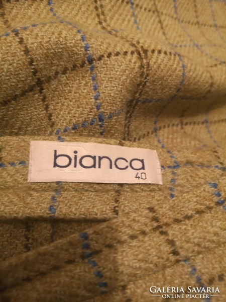 Bianca 40-es 100% gyapjú pisztácia zöld ceruzaszoknya, kobaltkék-barna rács