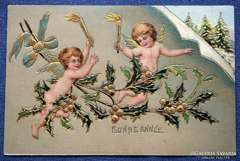 Antik dombornyomott Újévi üdvözlő litho képeslap angyalkák arany fáklyákkal magyal  téli táj