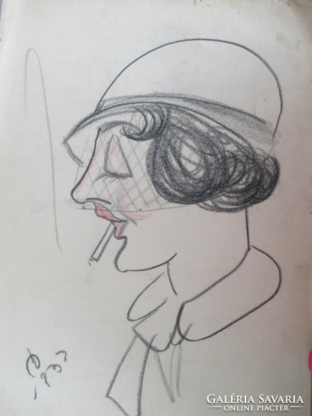 Art deco karikatúra 1932-ből: nő fátyolos kalapban. Ismeretlen alkotó.