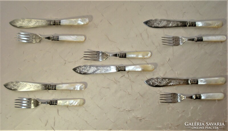 Art Nouveau fish cutlery set with mother-of-pearl handle and silver-plated alpaca head