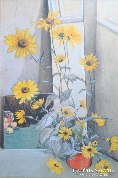 Móricz Margit: Virágcsendélet, 1964 - szignózott, akvarell/tempera - kerettel 43x31 cm
