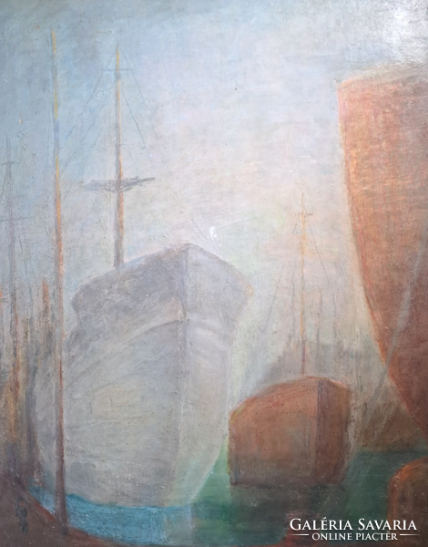 Hajnal a kikötőben (77x62 cm, olaj, karton) csodaszép nagyméretű hajós kép