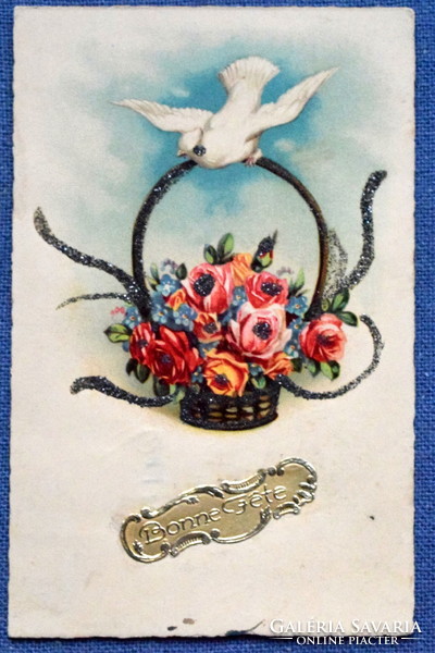 Art deco glitteres litho üdvözlő képeslap galamb rózsás kosárral