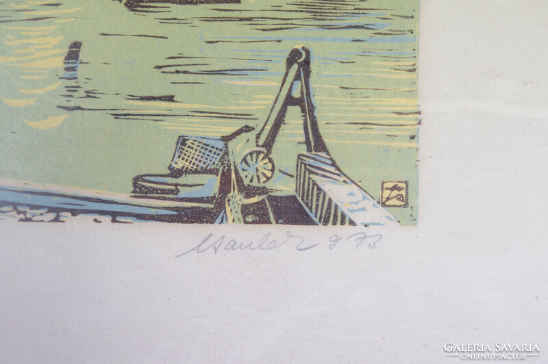 András Csavlek (1942-): pier in Füred, 1973. Colored linocut,